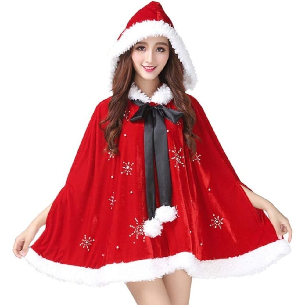 Adults Red Hooded Cape Christmas Cloak Costume Robe for Cosplay Masquerade Party